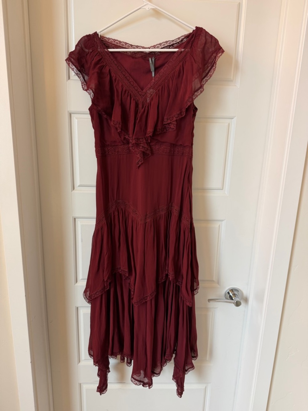 Anthropologie Wine Red Ruffled High-Low Dress